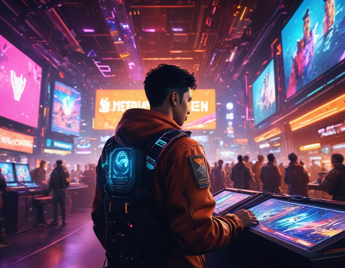 A vibrant digital landscape showcasing gamers immersed in action, surrounded by colorful avatars and futuristic elements. Highlight a central figure celebrating a victory, with glowing trophies and an engaging social network backdrop illustrating connections. Include dynamic gaming consoles and screens radiating energy and excitement. Capture an atmosphere of elation and community. super-realistic. vibrant colors. cyberpunk.