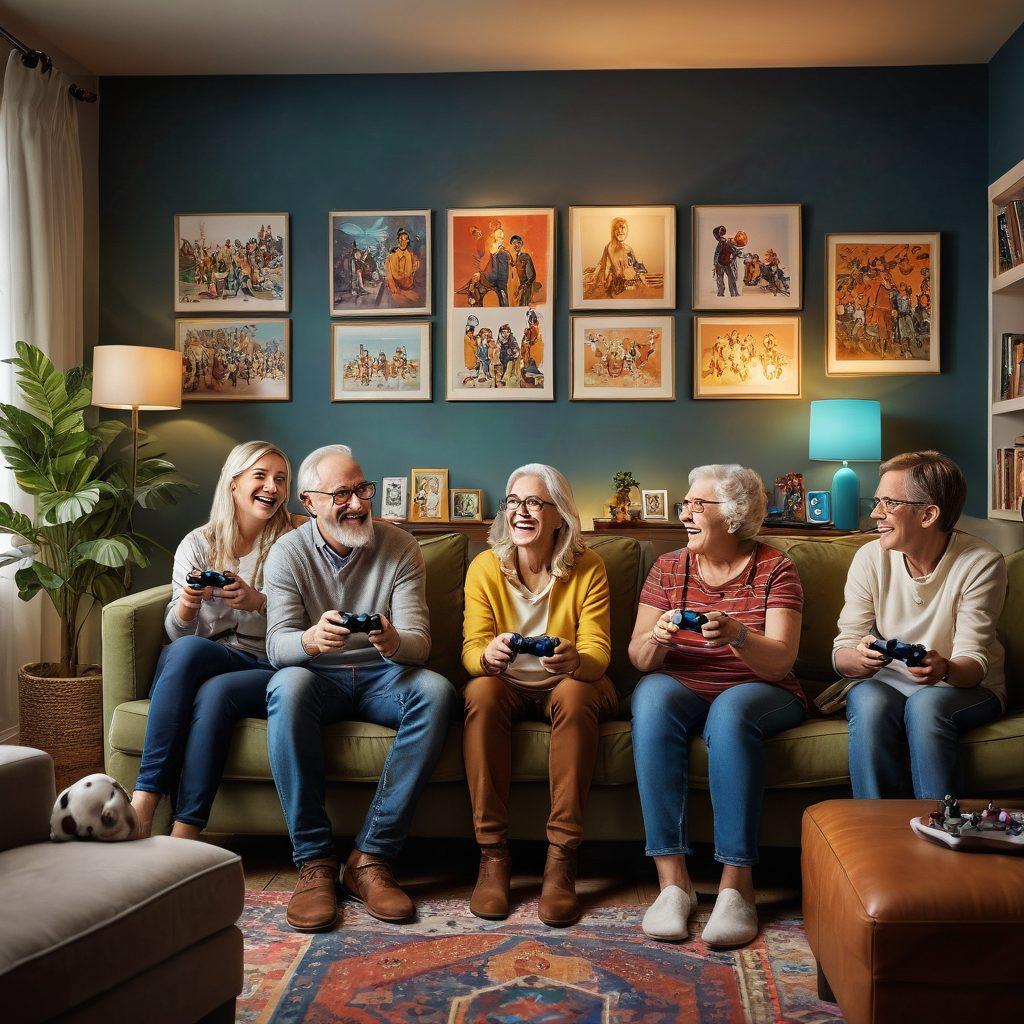 A vibrant family gathering in a cozy living room filled with gaming consoles and cheerful decorations. The members, from young children to grandparents, are joyfully playing video games together, laughing and sharing snacks. A glowing screen displays an exciting multiplayer game, while colorful game posters adorn the walls. Warm lighting enhances the joyful atmosphere, exemplifying the spirit of community. super-realistic. vibrant colors. warm lighting.