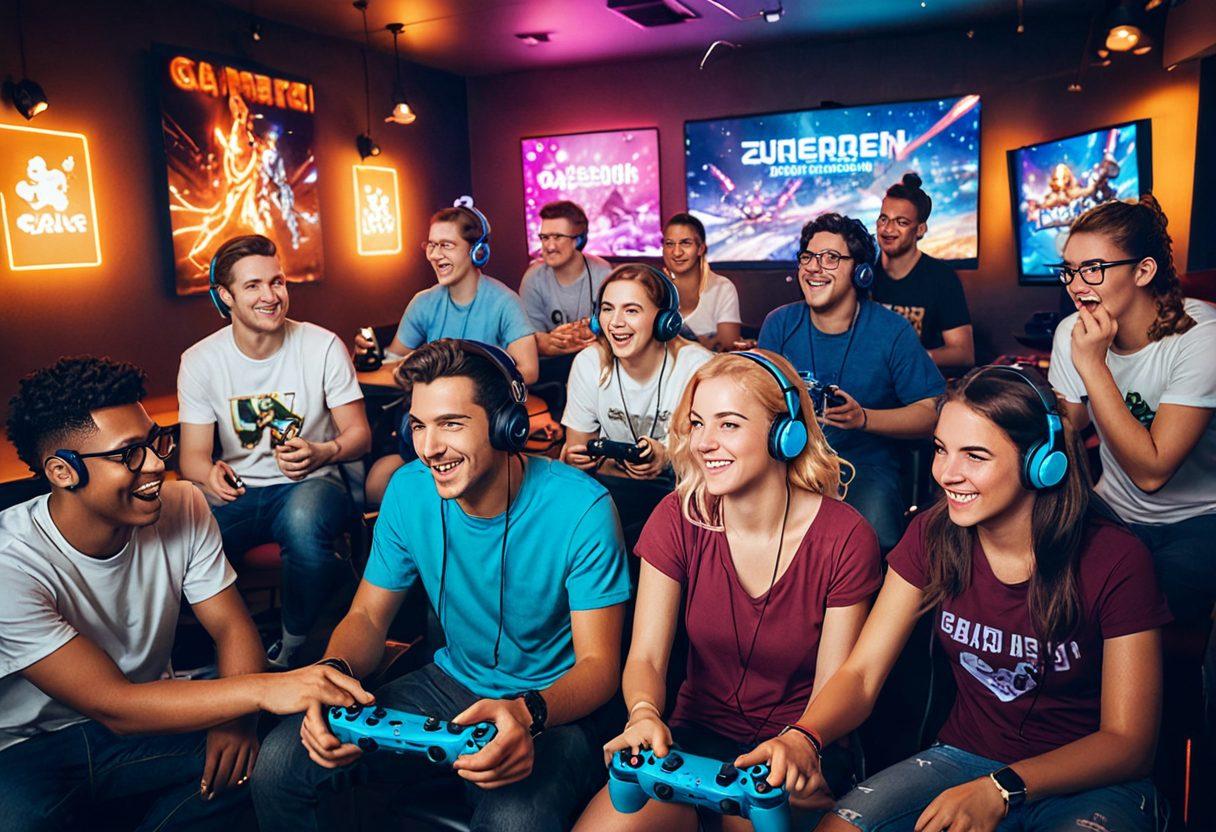 An inviting and vibrant gaming community scene, featuring diverse gamers immersed in joyful gameplay, surrounded by colorful gaming paraphernalia and a glowing aura of camaraderie. Include elements like gaming consoles, joyful expressions, and whimsical energy effects to capture the essence of fun and connection. super-realistic. vibrant colors. dynamic composition.